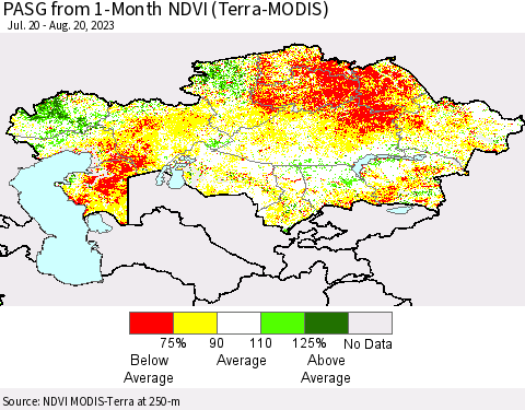 Kazakhstan PASG from 1-Month NDVI (Terra-MODIS) Thematic Map For 8/13/2023 - 8/20/2023