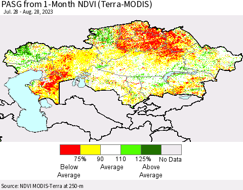 Kazakhstan PASG from 1-Month NDVI (Terra-MODIS) Thematic Map For 8/21/2023 - 8/28/2023