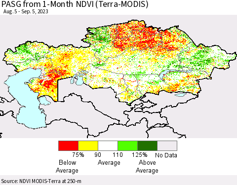 Kazakhstan PASG from 1-Month NDVI (Terra-MODIS) Thematic Map For 8/29/2023 - 9/5/2023