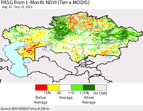 Kazakhstan PASG from 1-Month NDVI (Terra-MODIS) Thematic Map For 9/14/2023 - 9/21/2023