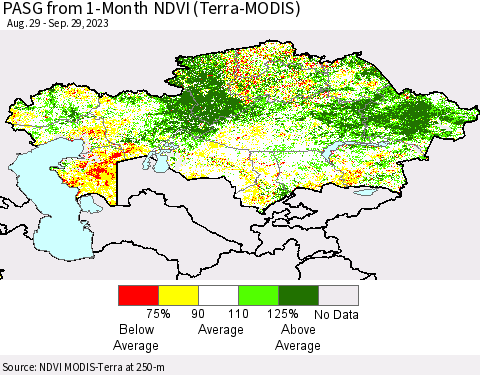 Kazakhstan PASG from 1-Month NDVI (Terra-MODIS) Thematic Map For 9/22/2023 - 9/29/2023