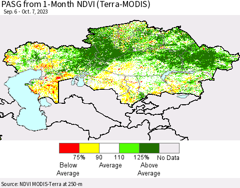 Kazakhstan PASG from 1-Month NDVI (Terra-MODIS) Thematic Map For 9/30/2023 - 10/7/2023