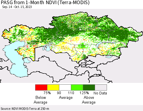 Kazakhstan PASG from 1-Month NDVI (Terra-MODIS) Thematic Map For 10/8/2023 - 10/15/2023