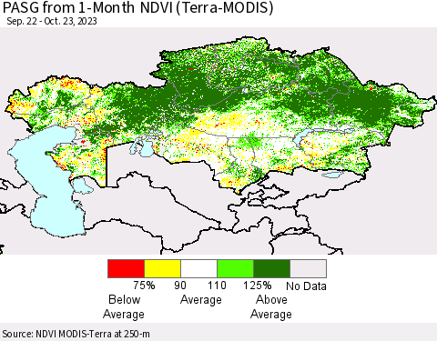 Kazakhstan PASG from 1-Month NDVI (Terra-MODIS) Thematic Map For 10/16/2023 - 10/23/2023