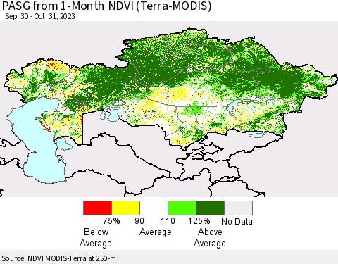Kazakhstan PASG from 1-Month NDVI (Terra-MODIS) Thematic Map For 10/24/2023 - 10/31/2023