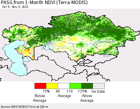 Kazakhstan PASG from 1-Month NDVI (Terra-MODIS) Thematic Map For 11/1/2023 - 11/8/2023