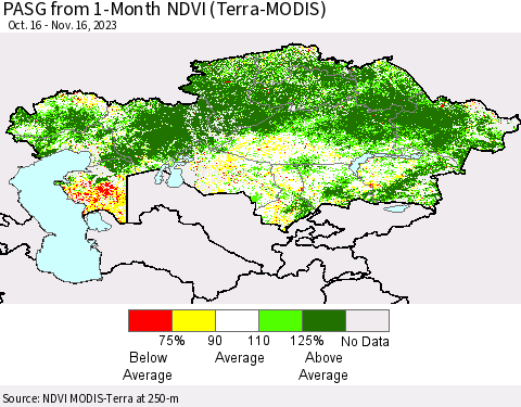 Kazakhstan PASG from 1-Month NDVI (Terra-MODIS) Thematic Map For 11/9/2023 - 11/16/2023