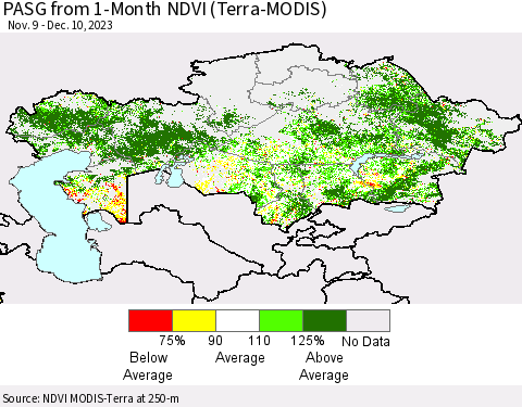 Kazakhstan PASG from 1-Month NDVI (Terra-MODIS) Thematic Map For 12/3/2023 - 12/10/2023