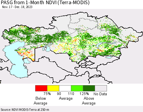Kazakhstan PASG from 1-Month NDVI (Terra-MODIS) Thematic Map For 12/11/2023 - 12/18/2023