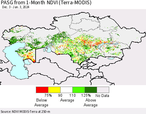 Kazakhstan PASG from 1-Month NDVI (Terra-MODIS) Thematic Map For 12/27/2023 - 1/3/2024