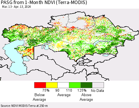 Kazakhstan PASG from 1-Month NDVI (Terra-MODIS) Thematic Map For 4/6/2024 - 4/13/2024