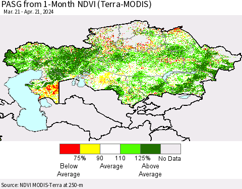 Kazakhstan PASG from 1-Month NDVI (Terra-MODIS) Thematic Map For 4/14/2024 - 4/21/2024
