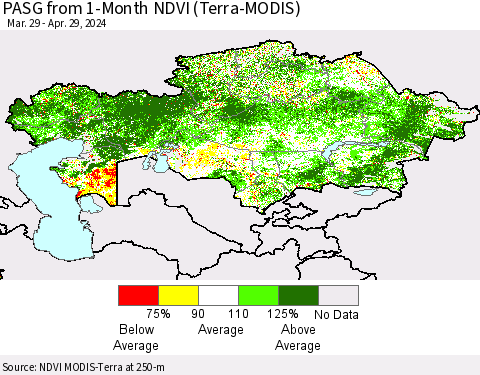 Kazakhstan PASG from 1-Month NDVI (Terra-MODIS) Thematic Map For 4/22/2024 - 4/29/2024