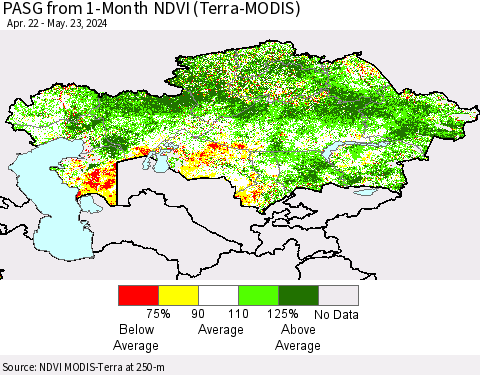 Kazakhstan PASG from 1-Month NDVI (Terra-MODIS) Thematic Map For 5/16/2024 - 5/23/2024
