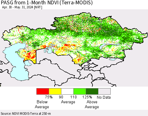 Kazakhstan PASG from 1-Month NDVI (Terra-MODIS) Thematic Map For 5/24/2024 - 5/31/2024