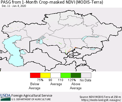 Kazakhstan PASG from 1-Month Cropland NDVI (Terra-MODIS) Thematic Map For 1/1/2020 - 1/10/2020