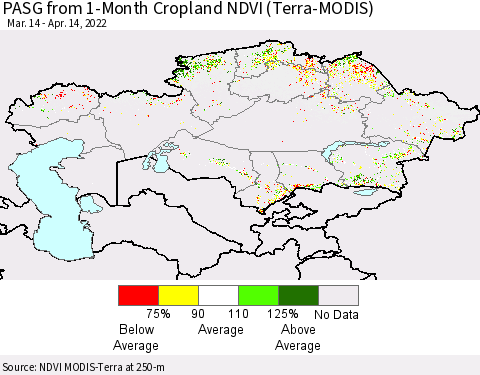Kazakhstan PASG from 1-Month Cropland NDVI (Terra-MODIS) Thematic Map For 4/7/2022 - 4/14/2022
