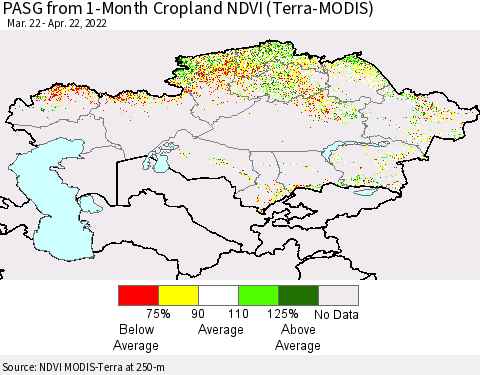 Kazakhstan PASG from 1-Month Cropland NDVI (Terra-MODIS) Thematic Map For 4/15/2022 - 4/22/2022