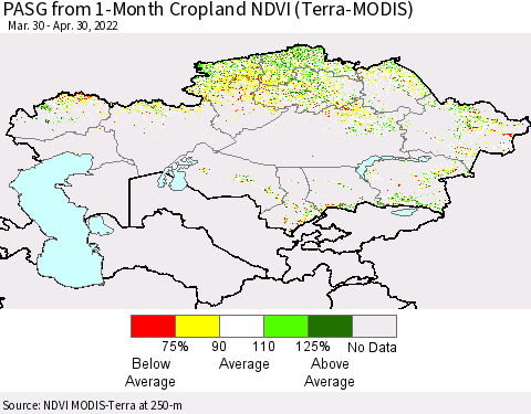 Kazakhstan PASG from 1-Month Cropland NDVI (Terra-MODIS) Thematic Map For 4/23/2022 - 4/30/2022