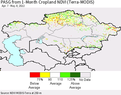 Kazakhstan PASG from 1-Month Cropland NDVI (Terra-MODIS) Thematic Map For 5/1/2022 - 5/8/2022