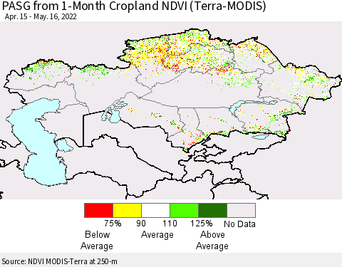 Kazakhstan PASG from 1-Month Cropland NDVI (Terra-MODIS) Thematic Map For 5/9/2022 - 5/16/2022