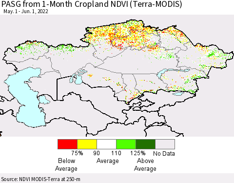 Kazakhstan PASG from 1-Month Cropland NDVI (Terra-MODIS) Thematic Map For 5/25/2022 - 6/1/2022