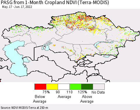 Kazakhstan PASG from 1-Month Cropland NDVI (Terra-MODIS) Thematic Map For 6/10/2022 - 6/17/2022