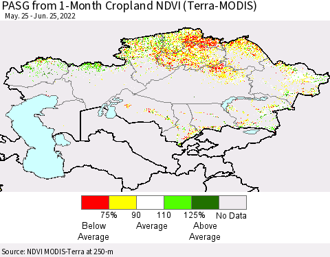 Kazakhstan PASG from 1-Month Cropland NDVI (Terra-MODIS) Thematic Map For 6/18/2022 - 6/25/2022
