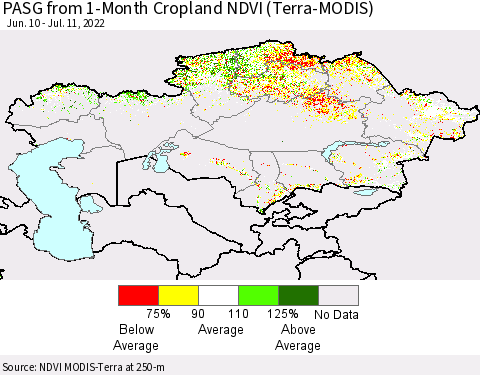 Kazakhstan PASG from 1-Month Cropland NDVI (Terra-MODIS) Thematic Map For 7/4/2022 - 7/11/2022