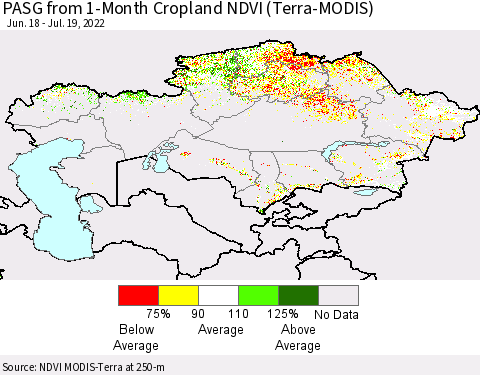 Kazakhstan PASG from 1-Month Cropland NDVI (Terra-MODIS) Thematic Map For 7/12/2022 - 7/19/2022