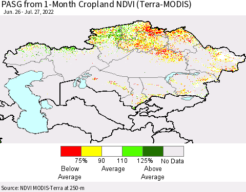 Kazakhstan PASG from 1-Month Cropland NDVI (Terra-MODIS) Thematic Map For 7/20/2022 - 7/27/2022