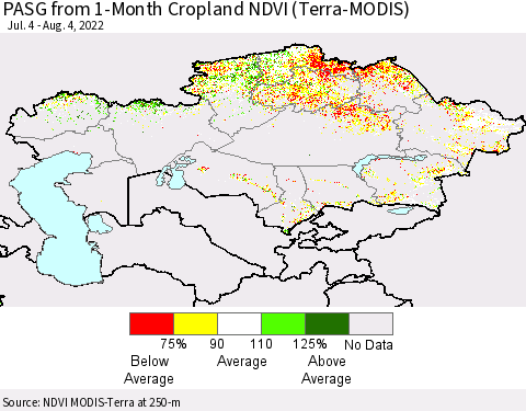 Kazakhstan PASG from 1-Month Cropland NDVI (Terra-MODIS) Thematic Map For 7/28/2022 - 8/4/2022