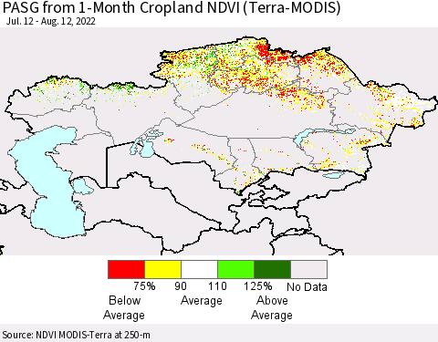 Kazakhstan PASG from 1-Month Cropland NDVI (Terra-MODIS) Thematic Map For 8/5/2022 - 8/12/2022