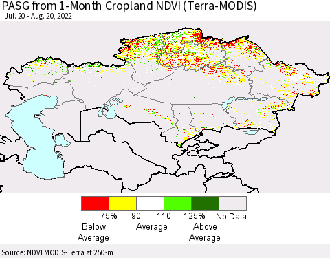 Kazakhstan PASG from 1-Month Cropland NDVI (Terra-MODIS) Thematic Map For 8/13/2022 - 8/20/2022