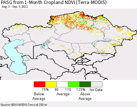 Kazakhstan PASG from 1-Month Cropland NDVI (Terra-MODIS) Thematic Map For 8/29/2022 - 9/5/2022