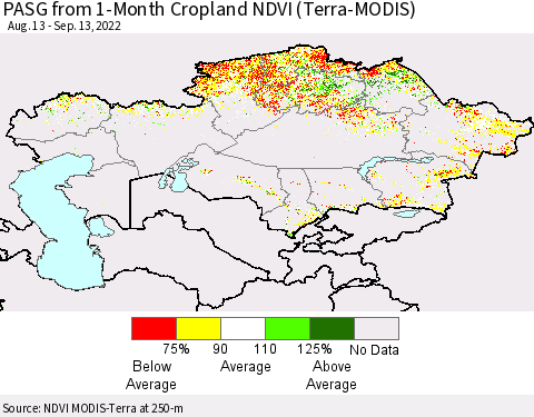 Kazakhstan PASG from 1-Month Cropland NDVI (Terra-MODIS) Thematic Map For 9/6/2022 - 9/13/2022