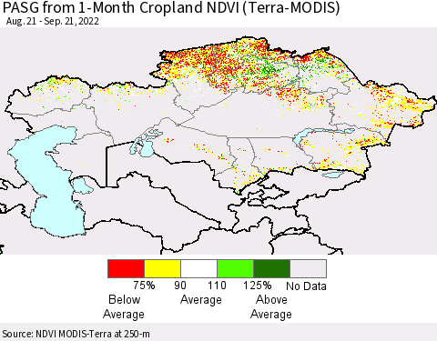 Kazakhstan PASG from 1-Month Cropland NDVI (Terra-MODIS) Thematic Map For 9/14/2022 - 9/21/2022