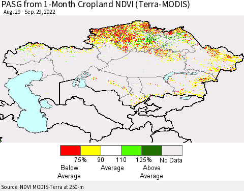 Kazakhstan PASG from 1-Month Cropland NDVI (Terra-MODIS) Thematic Map For 9/22/2022 - 9/29/2022