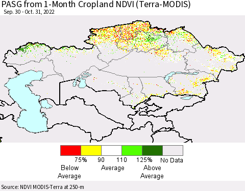 Kazakhstan PASG from 1-Month Cropland NDVI (Terra-MODIS) Thematic Map For 10/24/2022 - 10/31/2022