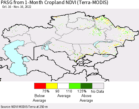 Kazakhstan PASG from 1-Month Cropland NDVI (Terra-MODIS) Thematic Map For 11/9/2022 - 11/16/2022
