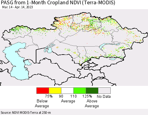 Kazakhstan PASG from 1-Month Cropland NDVI (Terra-MODIS) Thematic Map For 4/7/2023 - 4/14/2023