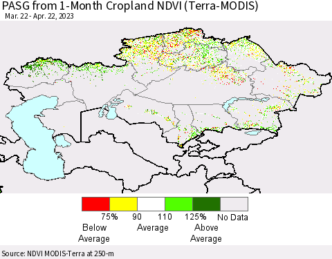 Kazakhstan PASG from 1-Month Cropland NDVI (Terra-MODIS) Thematic Map For 4/15/2023 - 4/22/2023
