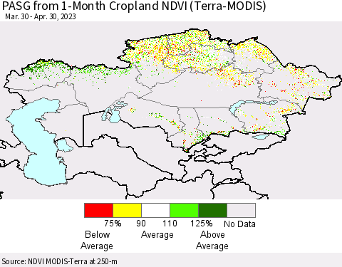 Kazakhstan PASG from 1-Month Cropland NDVI (Terra-MODIS) Thematic Map For 4/23/2023 - 4/30/2023