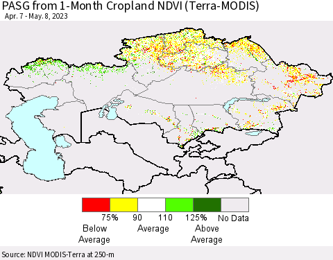 Kazakhstan PASG from 1-Month Cropland NDVI (Terra-MODIS) Thematic Map For 5/1/2023 - 5/8/2023