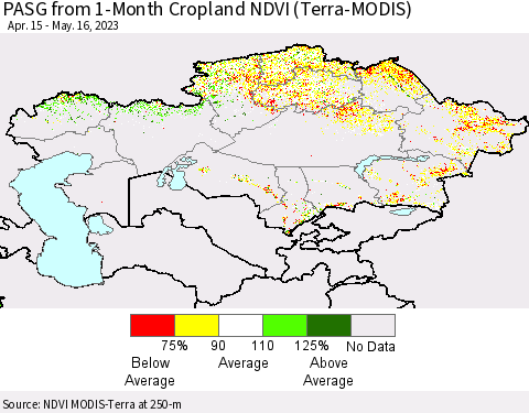 Kazakhstan PASG from 1-Month Cropland NDVI (Terra-MODIS) Thematic Map For 5/9/2023 - 5/16/2023