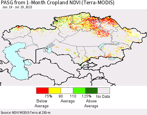 Kazakhstan PASG from 1-Month Cropland NDVI (Terra-MODIS) Thematic Map For 7/12/2023 - 7/19/2023