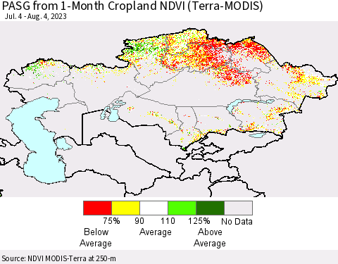 Kazakhstan PASG from 1-Month Cropland NDVI (Terra-MODIS) Thematic Map For 7/28/2023 - 8/4/2023