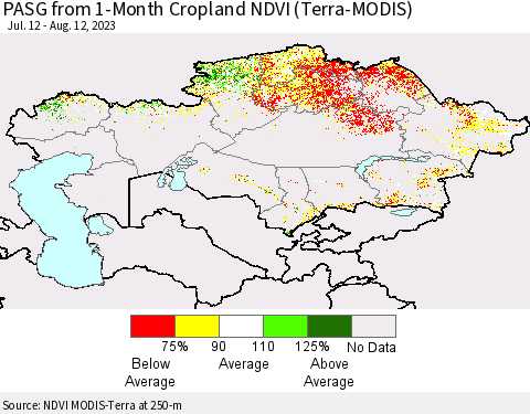 Kazakhstan PASG from 1-Month Cropland NDVI (Terra-MODIS) Thematic Map For 8/5/2023 - 8/12/2023