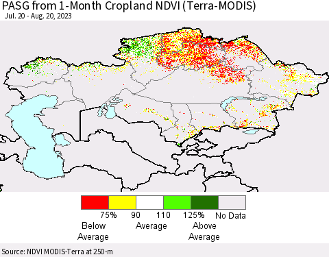 Kazakhstan PASG from 1-Month Cropland NDVI (Terra-MODIS) Thematic Map For 8/13/2023 - 8/20/2023
