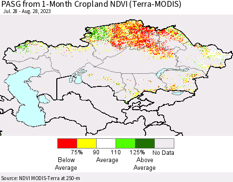 Kazakhstan PASG from 1-Month Cropland NDVI (Terra-MODIS) Thematic Map For 8/21/2023 - 8/28/2023
